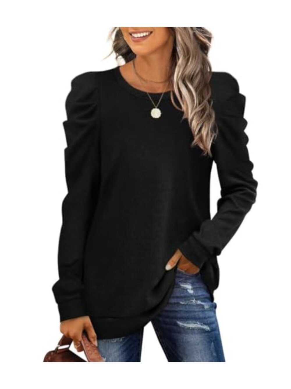 XIEERDUO Women's Puff Sleeve Crewneck Sweatshirt Tunic Top